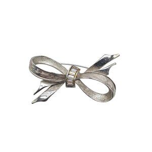 Vintage Pell Silver Bow Brooch With Baguette Crystal Accent